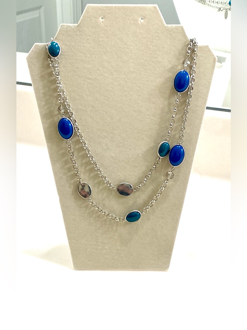 Avenue Cobalt Blue Layered Necklace Double Strand Teal Station Silver Coin Bib 
